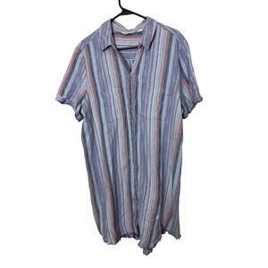 Caffe Marrakech Women XL Linen Blend Striped Button Down Shirt Dress Frayed Hem